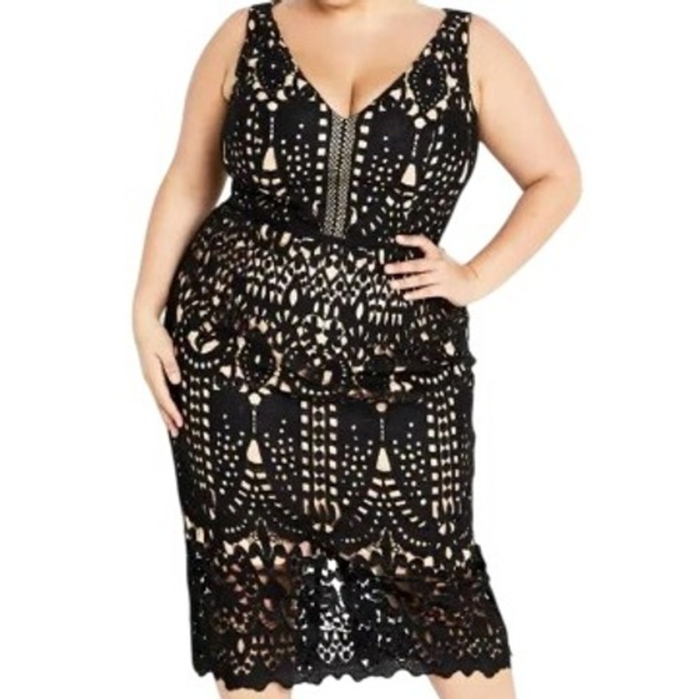 City Chic Black Lace Midi Dress with Nude Underlay